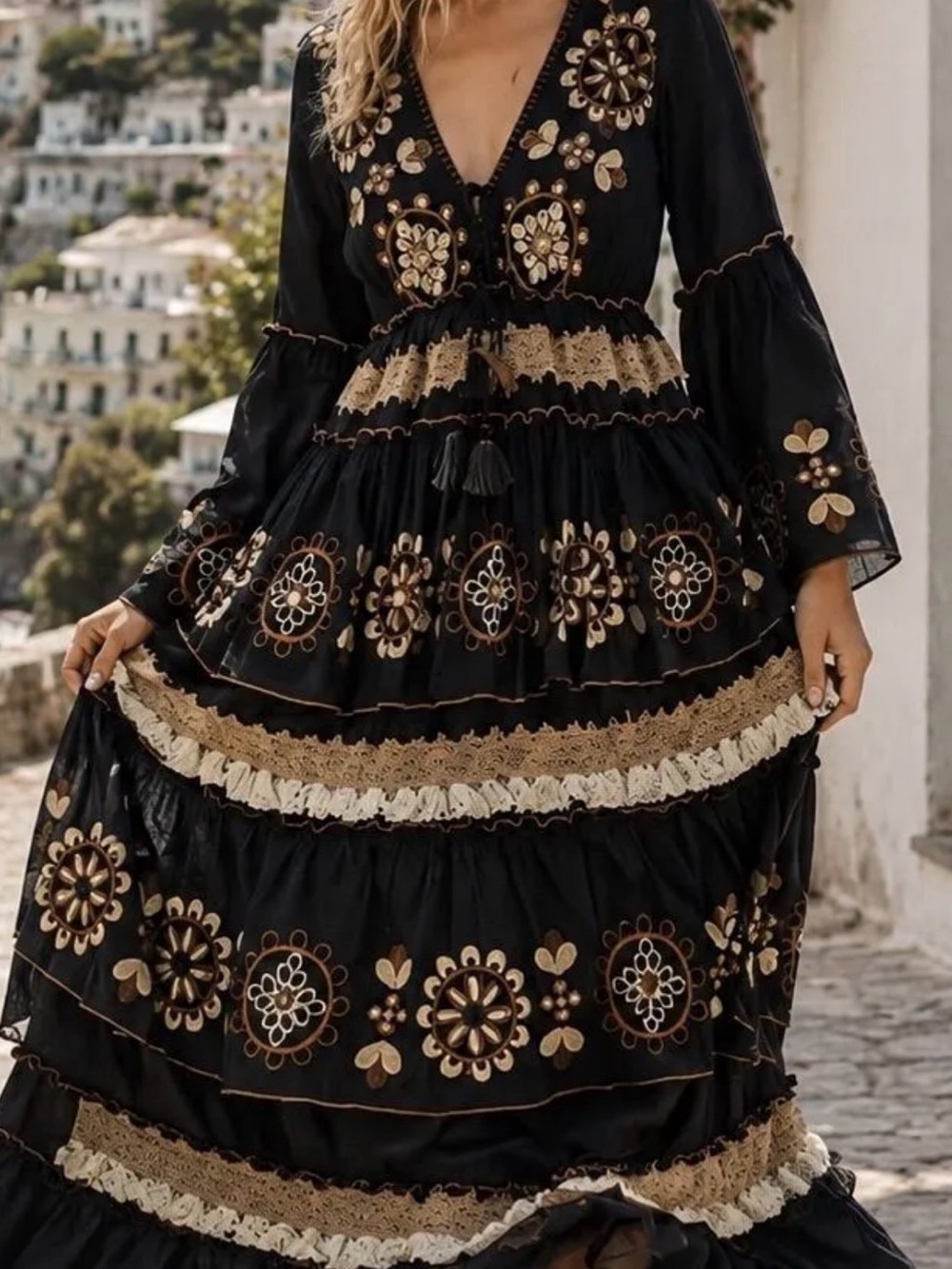 98. Boho Embroidered Black Maxi Dress with Gold Accents - Picture 2 of 2